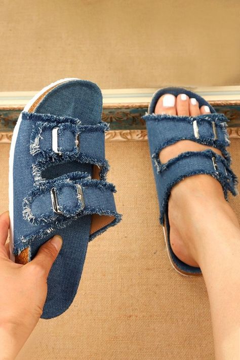 Cat's Whiskers Denim Sandals – Evaless Chic Mood Board, Womens Comfortable Sandals, Bag From Old Jeans, Jean Sandals, Slip On Wedge Sandals, Sport Slippers, Denim Flats, Denim Sandals, Shoes Jeans