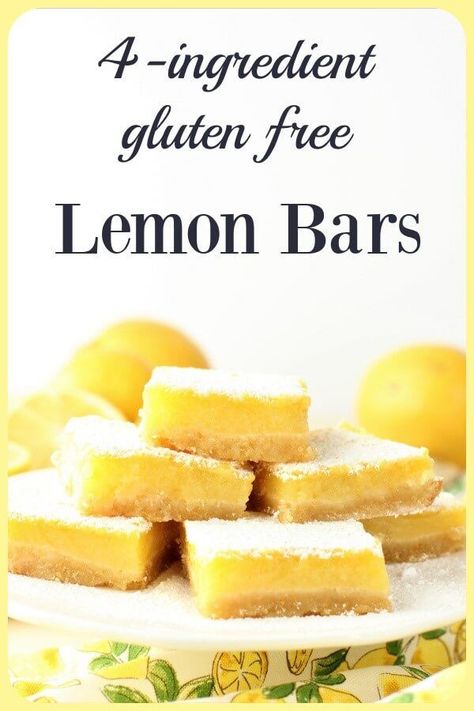 Lemon lovers, these are for you! These simple Gluten Free Lemon Bars are made with only 4 ingredients, yet they are delightfully tangy and loaded with intense lemon flavor. They are gluten free, but everyone will love them. #lemonbars #lemonsquares #glutenfreelemonbars #lemondesserts #lemons Dairy Free Lemon Bars, Gluten Free Lemon Desserts, Gluten Free Lemon Squares, Lemon Desserts Healthy, Sugar Free Lemon Bars, Lemon Desserts Easy, Gluten Free Lemon Bars, Gluten Free Scones, Lemon Bars Easy