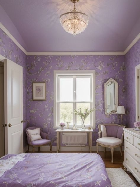 Lavender Accent Wall Bedroom, Lavender Accent Wall, Lavender Bedroom Walls, Purple Wallpaper Bedroom, Lavender Bedroom, Lavender Wallpaper, Lavender Walls, Lavender Bedding, Floral Wallpaper Bedroom