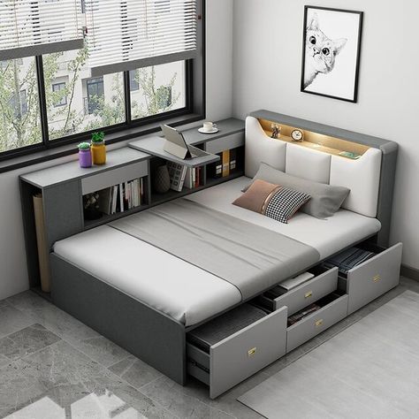 Glamorous Kids Double Bed Wood Shelves Storage Full Size Bedroom Bed Frame Platform Wood Design Cama Box Casal Home Furniture - AliExpress Tatami Bed, Space Saving Furniture Bedroom, Cama King, Cabinet Bed, Stylish Beds, Bed With Drawers, Cama Box, Space Saving Furniture, Storage Bed