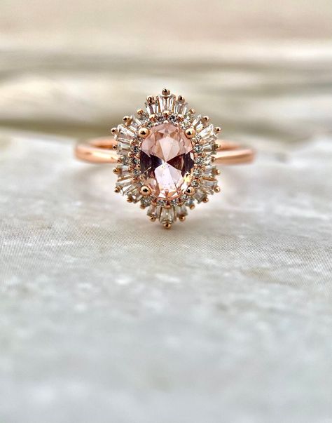 Peach Engagement Ring, Morganite Engagement Ring Vintage, Morganite Ring Set, Morganite Wedding Rings, Vintage Anniversary Rings, Peach Vintage, Pink Engagement, Oval Cut Diamond Rings, Vintage Anniversary