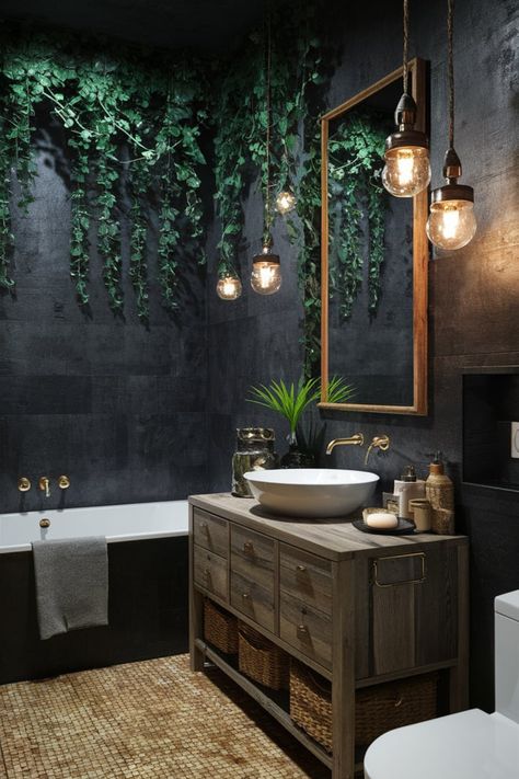 Bring nature indoors with a bold, forest-inspired bathroom. Pair textured dark walls with lush greenery and rustic wooden details for a cozy yet modern jungle vibe. #ForestInspiredBathroom #IndustrialElegance #BathroomRetreat #RusticCharm #GreenBathroomDecor #UrbanJungle #NaturalWarmth #BathroomInspiration #DarkBathroomDesign #ModernBathroom Black Jungle Bathroom, Forest Green And Gold Bathroom, Dark Ocean Themed Bathroom, Greenery Bathroom Ideas, Black And Turquoise Bathroom, Black And Emerald Bathroom, Dark Forest Green Bathroom, Bathroom Forest Theme, Dark Tropical Bathroom