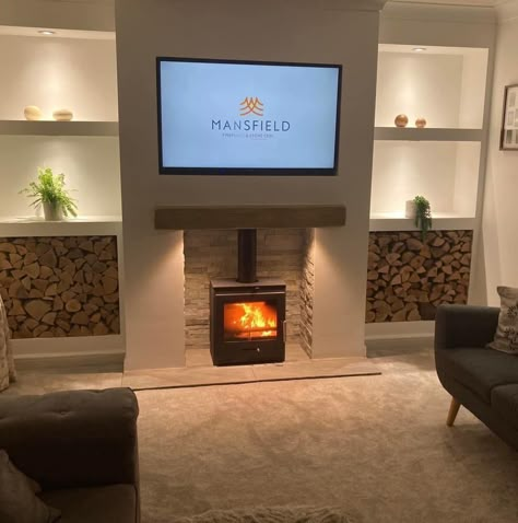 Open Plan Lounge Ideas, False Chimney Breast, Vibey Rooms, Garden Extension, Wood Burning Stoves Living Room, Media Fireplace, Log Burner Living Room, Lounge Room Styling, Tv Mounted