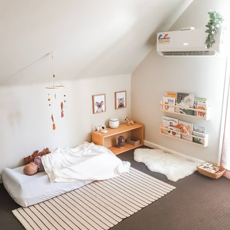 How to Design the Perfect Montessori Toddler Room - The Toddler Playbook Room Sharing With Toddler Parents, Montessori Bedroom Furniture, Montessori Playroom Bedroom, Montessori Double Floor Bed, Montessori Yes Space, Toddler Room With Floor Bed, Nursery Ideas Floor Bed, Floor Bed Toddler Room, Nursery For 2 Under 2