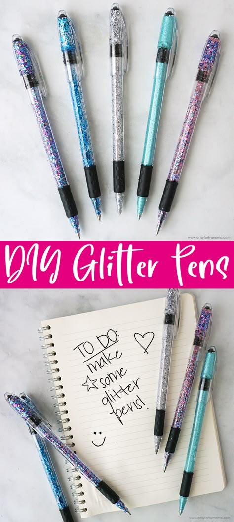 Diy Glitter Pens, Decorated Pens, Custom Ink Pens, Homemade Glitter, Diy Pens, Glitter Projects, Pen Projects, How To Make Glitter, Pen Ideas