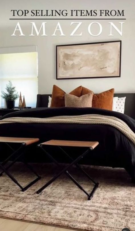 Black Bedspread Room Ideas Boho, Chic Modern Bedding, Copper And Black Bedding, How To Style A Black Comforter, Clay And Black Bedroom, Black White Brown Bedding, Masculine Feminine Bedroom Decorating Ideas, Black White Bronze Bedroom, Black Cream Rust Bedroom