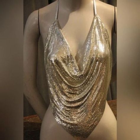 1970s Whiting and Davis Silver Metal Mesh and Leather Drape Halter Top Metal Mesh, Leotards, Halter Top, Chic Outfits, All Pictures, The Details, Metallic Silver, Limited Time, Get It