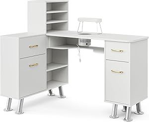 Paddie L-Shaped Manicure Table Nail Station with Shelves, Nail Tech Table Nail Table Station w/Dust Collector, Storage Cabinets, Drawers, Metal Handles & Legs(White) Diy Nail Table Desks, Nail Desk Ideas, Nail Tech Table, Manicure Table Nail Station, Salon Layout, Nail Desk, Nail Table, Nail Station, Friends Cartoon