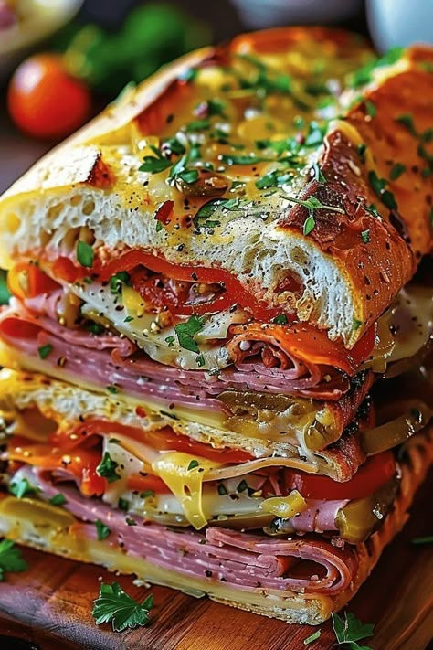 Classic Italian Muffuletta Sandwich, Classic Italian Sandwich, Italian Panini Recipes Sandwiches, Dinner Dishes Family, Grilled Italian Sandwiches, Best Italian Sandwich Recipe, Dinner Sandwich Recipes Healthy, Italian Muffuletta Sandwich, Italian Pressed Sandwiches