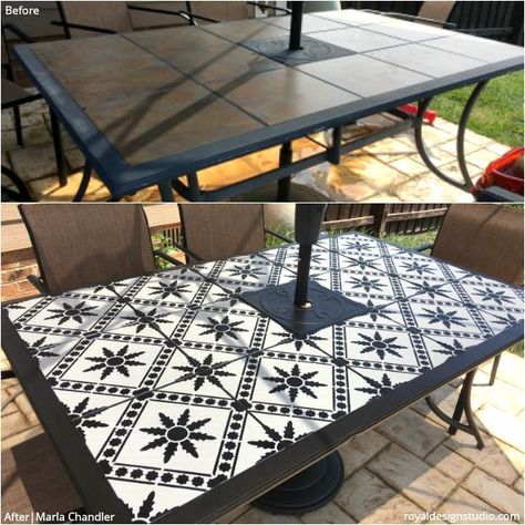 Outdoor Tile Table, Tile Patio Table, Bathroom Stencil, Diy Backyard Decor, Yard Oasis, Floor Stencils, Tile Stencils, Concrete Painting, Diy Stencils