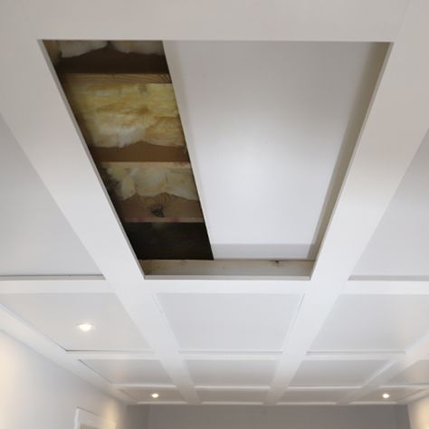 Looking to achieve the functionality of drop ceilings in your basement, but maintain a higher end look? Check out our creation: DIY Coffered Ceilings...with hidden access! Finish Basement Ceiling, Drop Ceiling Basement, Drop Ceilings, Basement Decoration, Dream Basement, Basement Remodel Diy, Basement Inspiration, Basement Living Rooms, Diy Basement