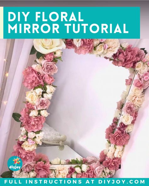 Have an old mirror you no longer use? Give it a new life with this beautiful DIY project idea. Find the instructions here. Diy Decorative Mirror Frames, Diy Mirror Makeover Ideas, Diy Mirror Frame Ideas Bedrooms, Mirror Diy Frame Ideas, Full Length Mirror Diy, Flower Mirror Diy, Diy Floral Mirror, Flower Mirror Frame, Diy Mirror Frame Ideas