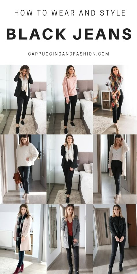 Smart Casual Black Jeans Outfit Women, Black Coated Jeans Outfit Winter, Black Jeans Work Outfit Fall, Outfits For Black Pants, Styling Black Straight Leg Jeans, Black Jeans Women Outfit, Black Boots With Black Jeans, Women Black Jeans Outfits, Black Jeans With Black Boots