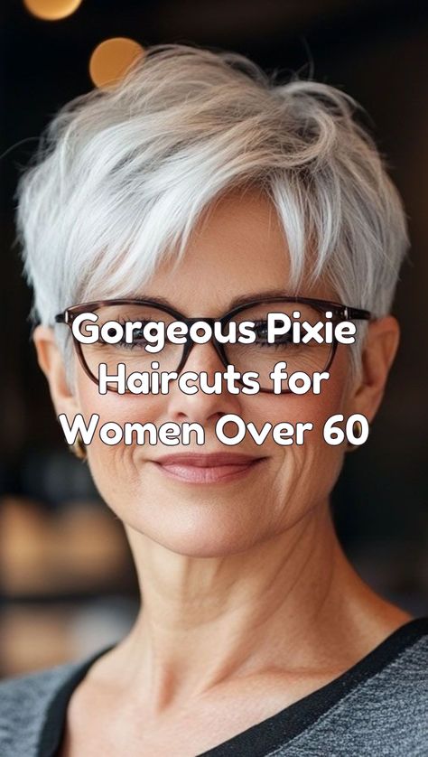 Pixie haircuts for women over 60 are all about embracing elegance and confidence with a modern twist! These short, chic cuts offer a fresh, youthful look while maintaining sophistication. From textured pixies to sleek and smooth styles, these haircuts are perfect for highlighting your face shape and bringing out your best features. Whether you prefer soft layers or a bold, edgy cut, pixie styles are versatile, easy to maintain, and add volume and movement to fine hair. Stay stylish and radiant with a gorgeous pixie cut designed to complement your timeless beauty! Short Pixie Cuts For Women Over 60, Pixie Cuts For Square Faces, Pixie Haircuts For Women Over 60, Pixie Haircut For Older Women Over 60, Short Layered Pixie Haircut, Salt And Pepper Pixie Haircut, Grown Out Pixie Cut, Mia Farrow Pixie, Trendy Pixie Haircut