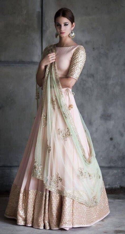 Roka outfit inspiration | Outfit by Prathyusha Garimella | Image via Behance | Bride to be | Indian bridal fashion | Pastel pink lehenga in georgette with sequin work paired with mint dupatta | Bridal couture | Indian bridal fashion | Pastel outfits | Bridesmaids | Tulle skirt and blouse | #wittyvows #indianwedding #trousseau #bridetobe #indianbride #fashion #indianwear #love #bride #bridal #pastel #tulle #skirt #blouse #bridesmaid Indian Bridesmaids Outfits, Peach Wedding Dress, Indian Bridesmaids, Saree Bollywood, Chique Outfit, Salwar Kamiz, Patiala Salwar, Designer Baby, Ghagra Choli