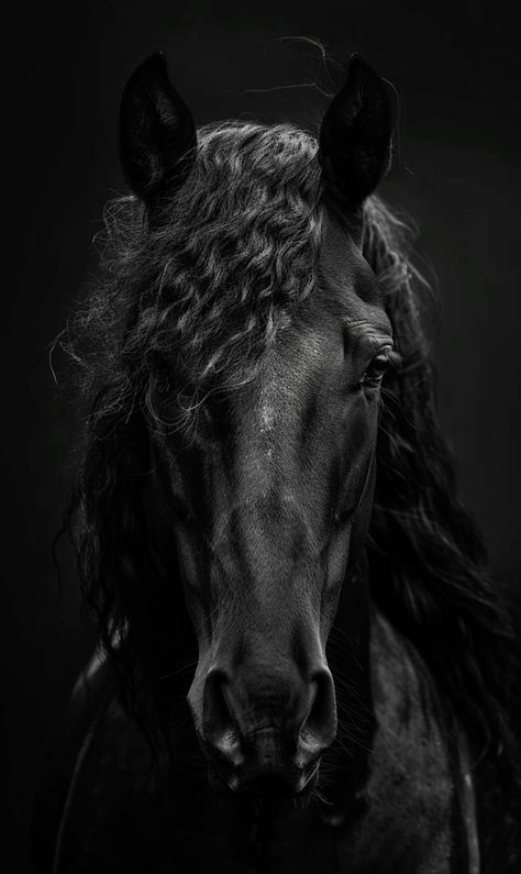 Horse Close Up Photography, Fresians Horses Aesthetic, Friesian Horse Photography, Black And White Horse Photography, White Horse Photography, Friesian Stallion, Mustang Horse, Lion Painting, Horse Artwork