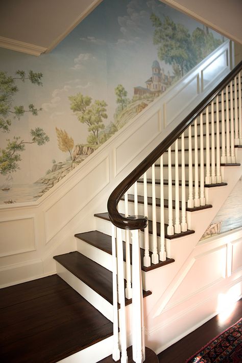 undefined Hand Painted Staircase Mural, Stairway Mural, Stairwell Wall, Painted Staircases, Panoramic Wallpaper, Diy Wall Decor For Bedroom, Coastal Village, Staircase Wall, Victorian Wall