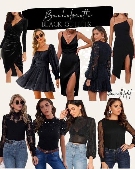 Black Outfits Bachelorette, All Black Outfit Bachelorette Night Out, All Black Outfit For Bachelorette Party, Black Bachelorette Outfit Winter, Black Out Bachelorette Party Outfit, Bachelorette Party Outfit Cold Weather, Bachelorette Outfit Ideas Bridesmaid, Black And White Bachelorette Party Outfits, Bachelorette Party Black Outfit