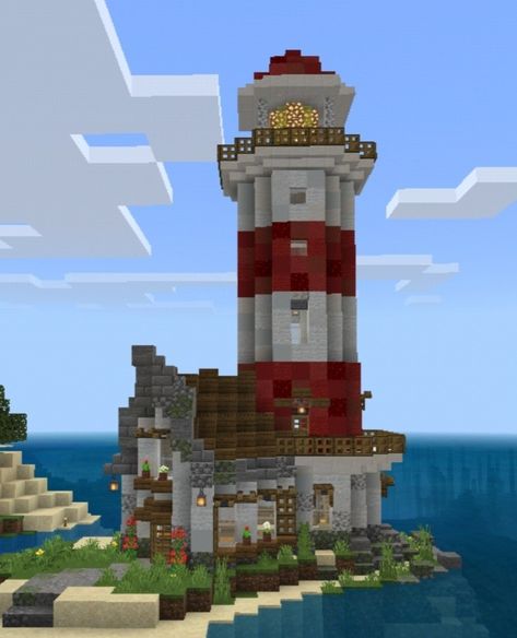 Minecraft Light House Design, Lighthouse In Minecraft, Elevated Minecraft House, Minecraft Building Ideas Lighthouse, Lighthouse Minecraft Build, Minecraft Light House Ideas, Lighthouse Minecraft Ideas, Mc Lighthouse, Minecraft Lighthouse Ideas