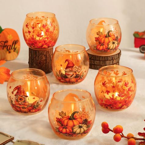 PRICES MAY VARY. Thanksgiving Table Decor: These Thanksgiving candle holders feature three delightful cartoon patterns: maple leaves, pumpkins, and gnomes, each capturing the essence of autumn's classical charm. The warm orange hue creates a cozy ambiance at your Thanksgiving gathering, enhancing the festive atmosphere throughout your home decor Fall Table Centerpieces: Each fall candle holder is of an opening of 2.5", measuring 3" in diameter and standing at 2.8" tall, allowing for tea lights, Tea Lights Mason Jars, Set Thanksgiving Table, Fall Center Table Decor, Table Decor For Thanksgiving Dinner, Thanksgiving Decorations Party, Thanksgiving Christmas Decor, Friendsgiving Crafts, Fall Candle Ideas, Fall Wedding Bouquets October