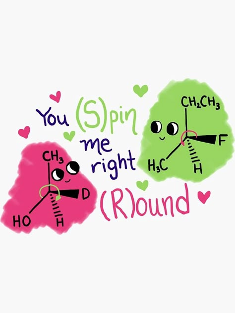 "Enantiomers in Love: Spin Me Round" Sticker for Sale by KawaiiChemist | Redbubble Chemistry Love, Biology Jokes, Organic Chem, Pharmacy Art, Lab Decor, Teaching Chemistry, Science Stickers, Medical School Inspiration, Science Humor