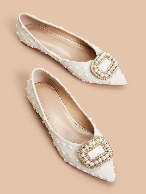 Rhinestone & Pearl Decor Flats | SHEIN USA Fancy Flats, Fairy Shoes, Beaded Shoes, Footwear Design, Shoe Making, Low Shoes, Floral Sandals, Pearl Decor, Women Flats