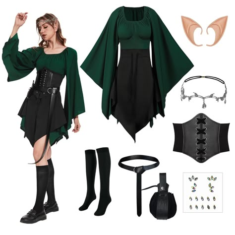 PRICES MAY VARY. 8PCS Medieval Fairy Costume Set: you will receive an Irish dance costume for women, a pair of elf latex ears, a black tight corset, a multi tassel dribble gemstone headband, a pair of black long stockings, a PU leather belt, a drawstring pouch, A Group Of Elf Tear Diamond sticker, which can satisfy your dress demand. Traditional Irish dress: The overall elf costume of women has a renaissance and retro style, the sleeves are loose, the waist is designed with a drawstring, which i Dark Elf Costume Women, Black Elf Costume, Green Elf Costume, Elf Halloween Costume Women, Fairy Rennaisance Outfits, Pixie Costume Women, Medieval Fairy Costume, Elf Ren Faire Costume, Fantasy Elf Costume