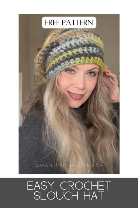 Learn to make this fast and easy crochet chunky slouch hat with a modest slouch style or a super slouch style.  Free pattern and video tutorial to help you get the result you want. Crochet Bulky Hat, Slouch Hat Pattern Free, Crochet Slouchy Hat Free Pattern, Crochet Hat Free Pattern, Crochet Slouchy Beanie Pattern, Macrame Things, Slouchy Hat Crochet Pattern, Chunky Crochet Hat, Slouch Hat Pattern