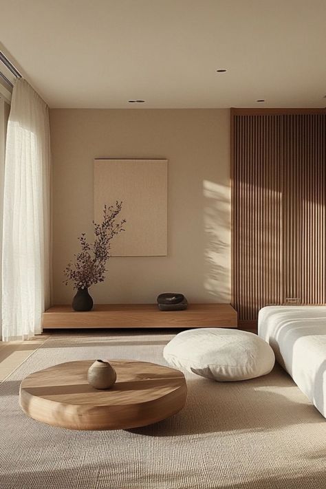 Vintage Japandi Living Room, Living Room Designs Japanese, Muji Style Interior Living Rooms, Japanese Home Interior Modern, Minimalist Meditation Space, Japan Scandinavian Interior, Japanese Minimalist Interior, Japandi Lounge, Japandi Interior Design Living Room