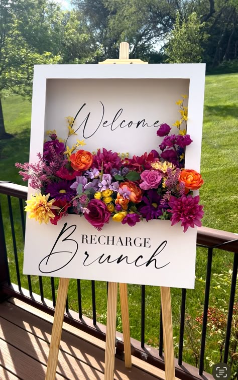 DIY Flower Box Welcome Sign - One Handy Momma Welcome Floral Sign, Diy Welcome Sign Floral Arrangement, Welcome Floral Box Sign, Flower Box Wall Decor, Easy Diy Event Decor, How To Make Flower Box Welcome Sign, Business Welcome Sign, Diy Flower Welcome Sign, Flower Board Decoration