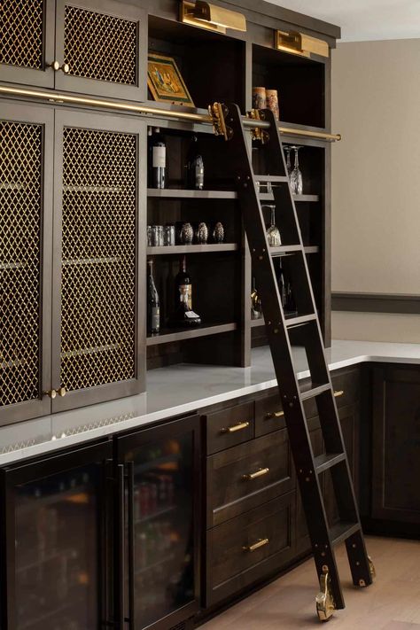 Wet Bar Shelves, Brown Shelves, Kitchen Expansion, Brass Mesh, Parlor Room, Bar Shelves, A Ladder, Transitional Kitchen, Stunning Kitchens