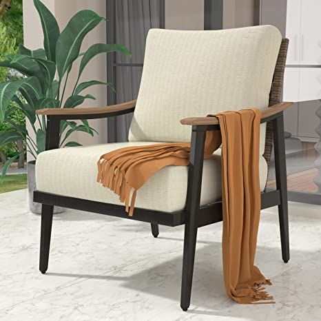 NATURAL EXPRESSIONS Patio Furniture,Outdoor Club Chair Accent Armchair Metal Single Patio Sofa with 6 Inches Cushions & Wicker Backrest for Outside,Deck,Porch,Backyard, Balcony. Natural Expressions single patio sofa is featured upgrade fabric-Olefin fabirc, it is comfortable, breathable and fade resistant, better than normal fabirc. The seat cushions thickened to 6 inches will meet your comfort needs. It will be a good choice for you to relax with this outdoor chair on the balcony. Outdoor Furniture Metal, Backyard Sunroom, Organic Modern Furniture, Front Porch Deck, Small Lounge Chairs, Deck Balcony, Sofa Outdoor, Outdoor Club, Backyard Balcony