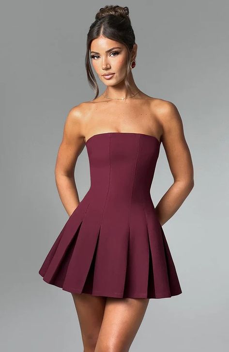 Dresses | Buy Dresses Online – BABYBOO Cherry Lacquer, Box Pleated Dress, Princess Era, Minimal Jewellery, Strapless Party Dress, Box Pleat Skirt, Pleat Skirt, Cherry Dress, Nye Outfits