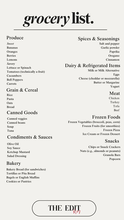 Essential Grocery List, Basic Grocery List, Best Frozen Meals, Food Shopping List, Meal Planning Menus, Meal Plan Grocery List, Weekly Grocery, Meal Options, Shopping List Grocery