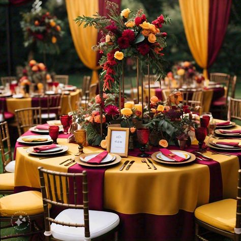 Mustard And Wine Wedding, Red Orange Gold Wedding, Yellow And Red Party Decor, Mustard Yellow And Burgundy Wedding, Red And Yellow Wedding Theme, Maroon And Yellow Wedding, Burgundy And Yellow Wedding, Rose And Sunflower Wedding, Social Media Color Palette