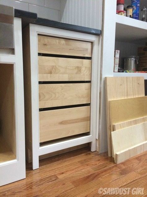 Tips for installing inset drawers on Faceframe cabinets. Home Depot Cabinet Hack, Men Closet Ideas, Diy Storage Drawers, Shaker Cabinets Kitchen, Moulding Design, Inset Drawers, Wall Molding Design, Sawdust Girl, Wall Moulding