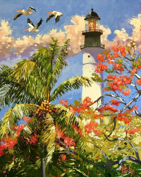 Peter Vey  Key West Light 50x40 Palm Tree Landscaping, Peter Vey, Tree Landscaping, Tropical Painting, Palm Trees Painting, Lighthouse Painting, Contemporary Impressionism, Florida Art, Caribbean Art