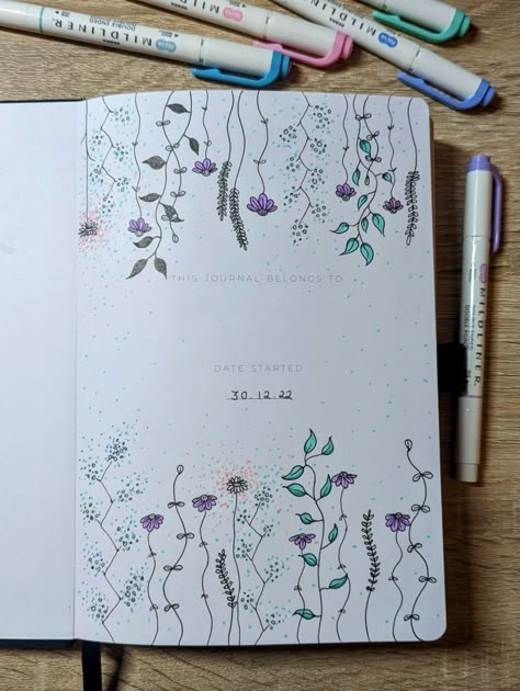 Journal / bullet journal / scrapbook front page, name page, name and date page, art, artistic, floral design Journal Inspiration Front Page, Notebook Cover Page Aesthetic, Decorative Pages Journal, Opening Journal Page Ideas, Artbook Front Cover Ideas, Name For Journal, Names For Your Journal, Art Book Front Page Ideas, Cute Journal Front Cover Ideas