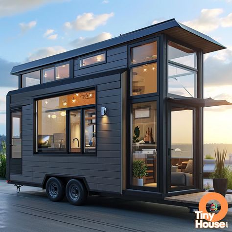 Check out this stunning tiny house on wheels! This one features an ultra-modern design style with a sleek architectural aesthetic. The color palette of Charcoal and Light Gray adds a touch of sophistication.  Which design element catches your eye? Would you incorporate any into your own home? Comment below! #tinyhouse #architecture #moderndesign #colorpalette Tiny House On Wheels Interior Design, Tiny Home Wheels, Tiny House Wheels, Tiny House Mobile, Micro House Plans, Architectural Aesthetic, Tiny Mobile House, Tiny House Furniture, Tiny Home On Wheels