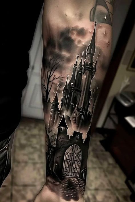 Tattoo idea: tattoo sketch The silhouette of a castle rises against Gothic Black And Grey Tattoos, Edward Scissorhands Castle Tattoo, Maleficent Castle Tattoo, Dark Castle Tattoo Design, Fantasy Castle Tattoo, Castle Sleeve Tattoo, Gothic Forearm Tattoos Men, Haunted Castle Tattoo, Dracula Castle Tattoo