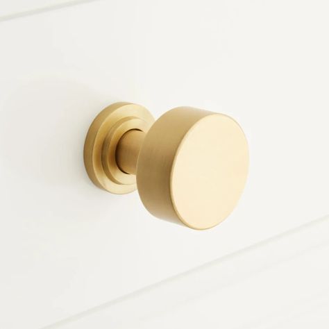 Signature Hardware 481889 Colmar 1-1/4 Inch Diameter Round | Build.com Satin Brass Kitchen Hardware, Satin Brass Cabinet Hardware, Brick Bathroom, Brass Kitchen Hardware, Pedestal Tub, Shelf Hardware, Round Cabinet, Brass Cabinet Hardware, Gold Knobs