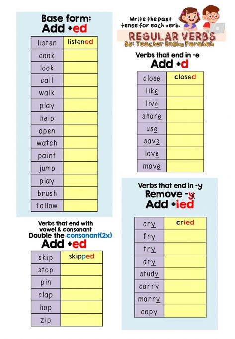 Simple Past Tense Worksheet, Verbs For Kids, Past Tense Worksheet, Regular And Irregular Verbs, English Grammar Exercises, Simple Past, Simple Past Tense, Grammar For Kids, Past Simple