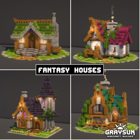 Minecraft fantasy houses designs Building ideas Minecraft Villager Building, Kingdom Minecraft Ideas, House Village Design, Minecraft Building Easy, Minecraft Building Ideas Beginner, Minecraft Fantasy Village House, Minecraft Villager Bell Ideas, Mc Fantasy House, Villager Huts Minecraft