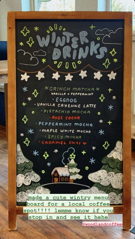 Cute Cafe Sign, Starbucks Sign Art, Coffee Shop Signs Chalkboards Winter, Chalk Menu Board Ideas Coffee Shop, Esthetician Chalkboard Ideas, Starbucks Christmas Board Ideas, Chalkboard Cafe Menu Ideas, Holiday Coffee Shop Signs, Chalk Art Menu Board