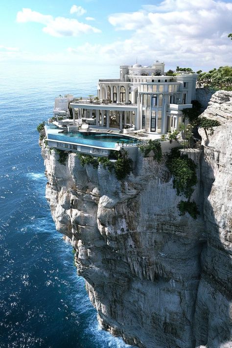 Massive modern palace mansion on a cliff. Check out all of these massive houses that blend luxury with functionality–the grandeur of luxury dream living. Laguna Beach Mansion, Cool Architecture Buildings, Beautiful Houses Modern Luxury, Giant Mansion, Futuristic Mansion, Massive Mansion, Ocean Homes, Modern Palace, Cliff Houses