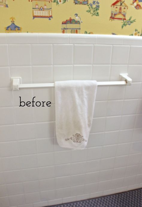 Towel bar before Decorate Towel Rack Bathroom, Shelf To Cover Towel Bar, Bathroom Border Ideas, Multiple Towel Bars In Bathroom, Towel Bars For Small Bathrooms, Towel Bar Styling, Shelf Over Towel Bar, Towel Rack In Small Bathroom, Bathroom Towel Rod Placement