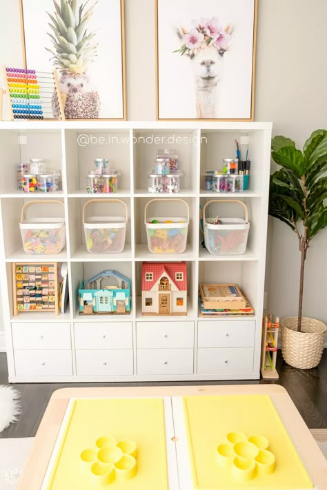 Corner Playroom Storage, Kallax In Playroom, Toy Storage For Bedroom Children, Playroom Stackable Storage, Kids Ikea Storage, Church Nursery Toy Storage, Playroom Ideas Ikea Storage, Modern Playroom Storage, Playroom Storage Ideas Ikea