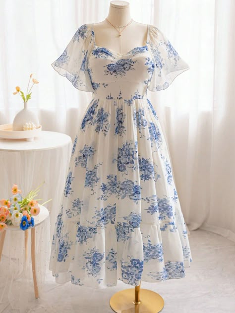 Plus Size Women's Retro Blue & White Floral Print Ruffle Sleeve Elastic Waist Dress, Casual Beach Summer Dress Multicolor Casual  Short Sleeve Woven Fabric Plants A Line Non-Stretch  Women Plus Clothing, size features are:Bust: ,Length: ,Sleeve Length: Casual Dress Floral, Porcelain Dress Blue, White Dress With Floral Print, Casual Dress For Short Women, No Sleeves Dress, Floral Flowy Dress Short, Flower Dress Plus Size, Sundress Long Sleeve, Floral Dress For Women