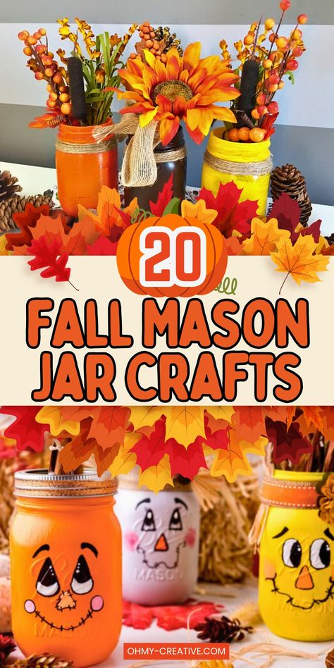 Fall Mason Jar Crafts You Can Easily Make at Home! - Oh My Creative Candy Corn Mason Jar, Mason Jar Fall Crafts Diy, Autumn Mason Jar Crafts, Glass Jar Pumpkin Craft, Mason Jar Crafts For Fall, Scarecrow Jar Craft, Apple Juice Jar Crafts, Glass Jar Pumpkins, Autumn Mason Jars