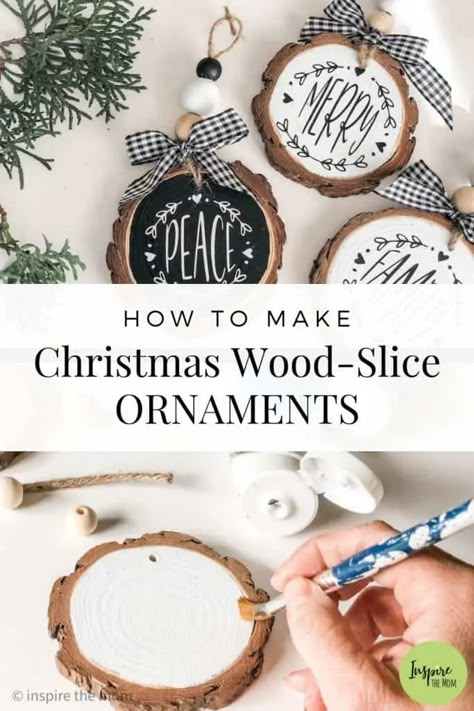 How to Make Christmas Wood Slice Ornaments - Christmas Wood Slice Ornaments, Making Ornaments, Wood Slice Ornaments, Christmas Gift Basket Ideas, בר מצווה, Wood Slice Ornament, Wood Christmas Ornaments, Wooden Christmas Ornaments, Christmas Gift For Mom